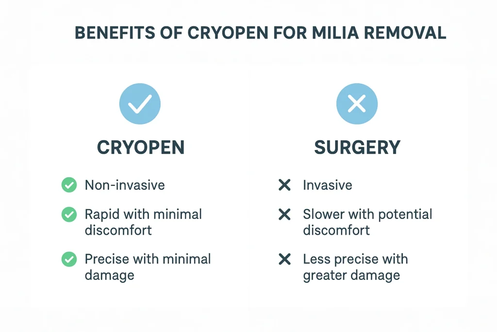 Benefits of cryopen for milia removal Chigwell compared to surgical treatments.